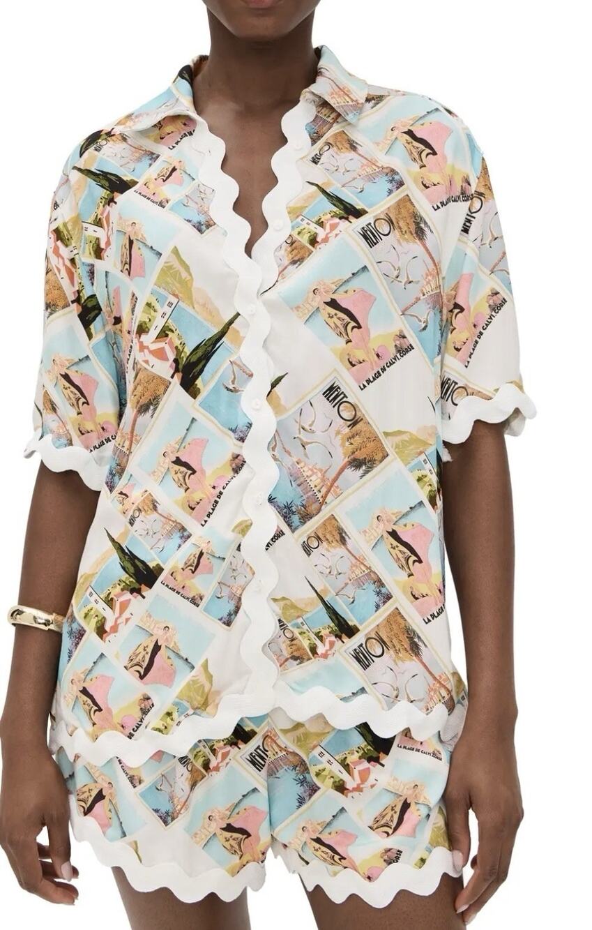 Maximalist Outfit Set Shirt Shorts French Riviera Retro Postcard Print XS